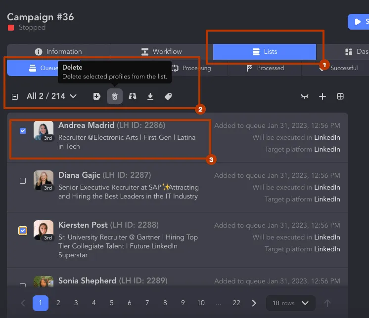 eliminación de contactos de una campaña en la búsqueda avanzada de personas de LinkedIn