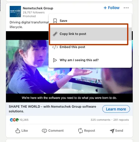 copia del enlace de una publicación en la búsqueda avanzada de personas de LinkedIn