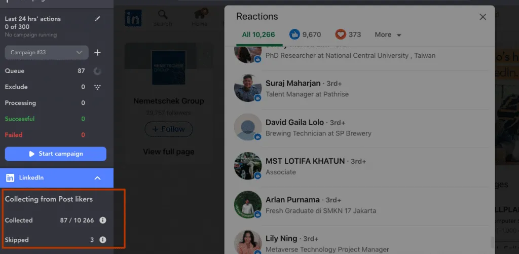 recopilación desde personas que reaccionaron a una publicación en la búsqueda avanzada de LinkedIn