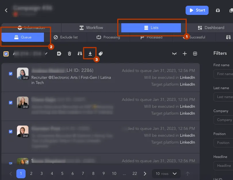 descarga desde Lists en la búsqueda avanzada de personas de LinkedIn