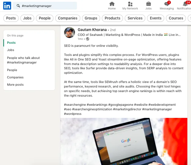 cómo buscar un hashtag mediante la búsqueda avanzada de personas de LinkedIn