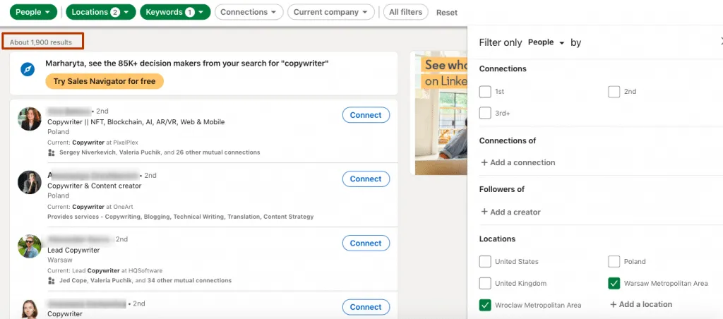 búsqueda avanzada de personas de LinkedIn por ubicaciones