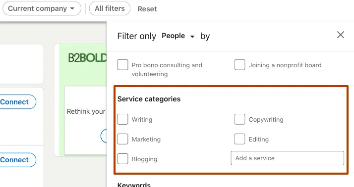 filtro de categorías de servicios en la búsqueda avanzada de personas de LinkedIn
