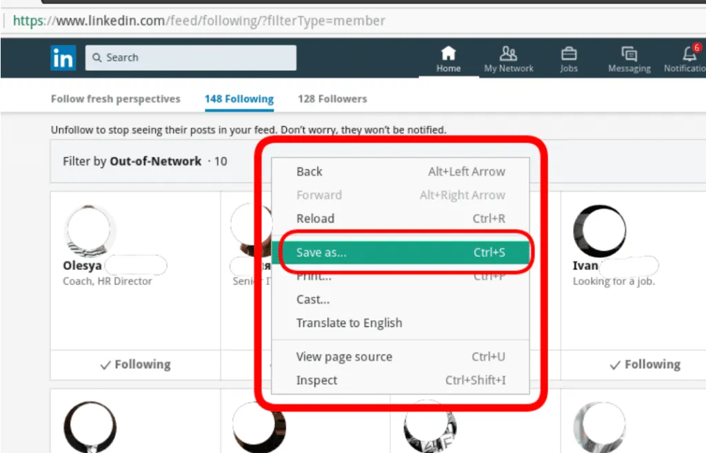 opción para guardar una página en la búsqueda avanzada de personas de LinkedIn