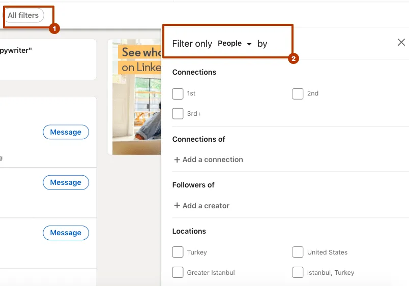 filtrado mediante filtros avanzados en la búsqueda avanzada de personas de LinkedIn