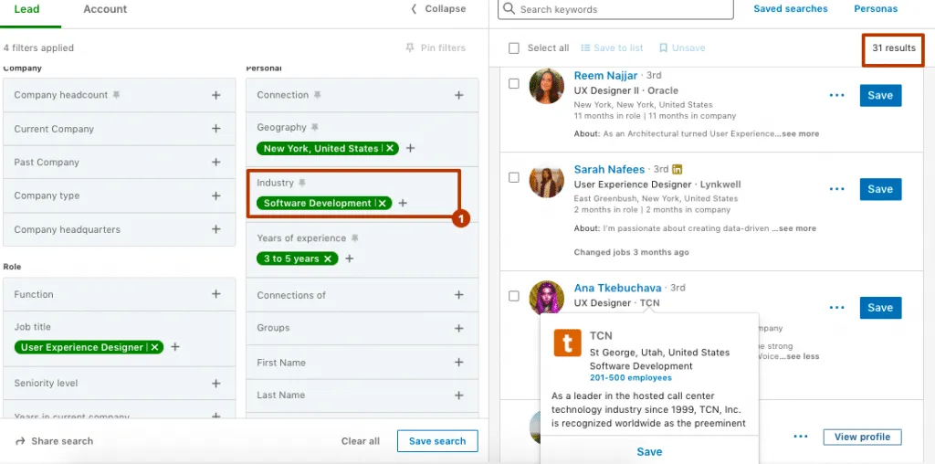 clasificación por experiencia y sector en la búsqueda avanzada de personas de LinkedIn