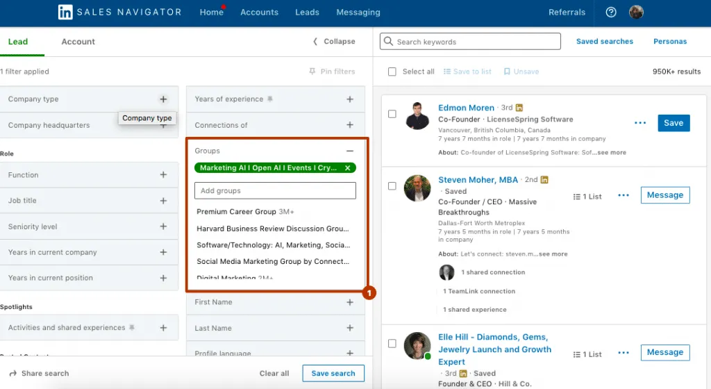 grupos de Sales Navigator en la búsqueda avanzada de personas de LinkedIn