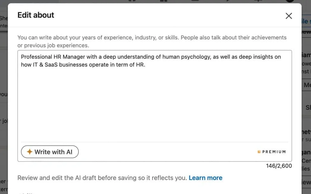 AI-Profiloptimierer von LinkedIn – Infotext mit einer Schaltfläche erstellen