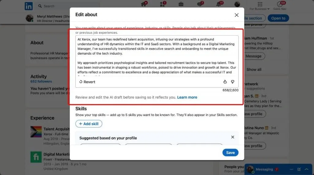AI-Profiloptimierer von LinkedIn – Screenshot des Textfelds für den Infotext