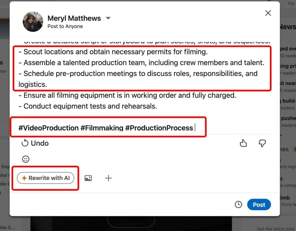 AI-Beitragsgenerator von LinkedIn – Text auf dem Bildschirm bearbeiten