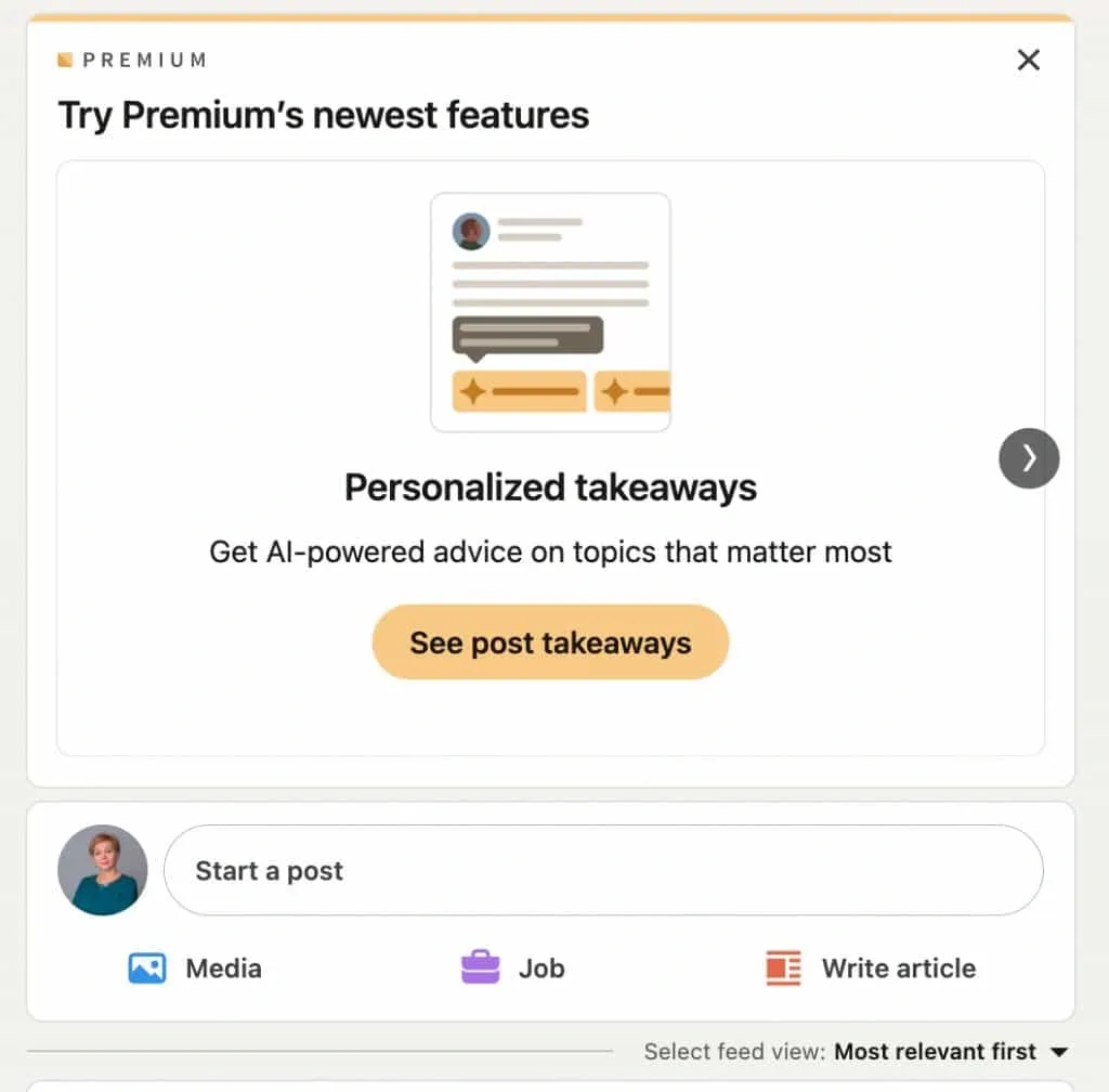 „Takeaways from posts“ in der LinkedIn-Benutzeroberfläche