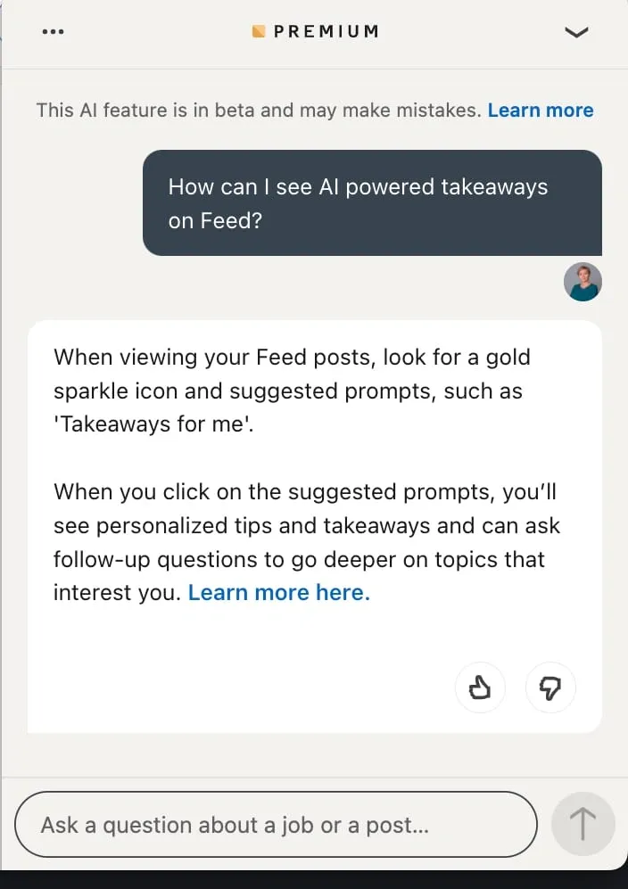 „Takeaways from posts“ in der LinkedIn-Benutzeroberfläche – Chatfenster