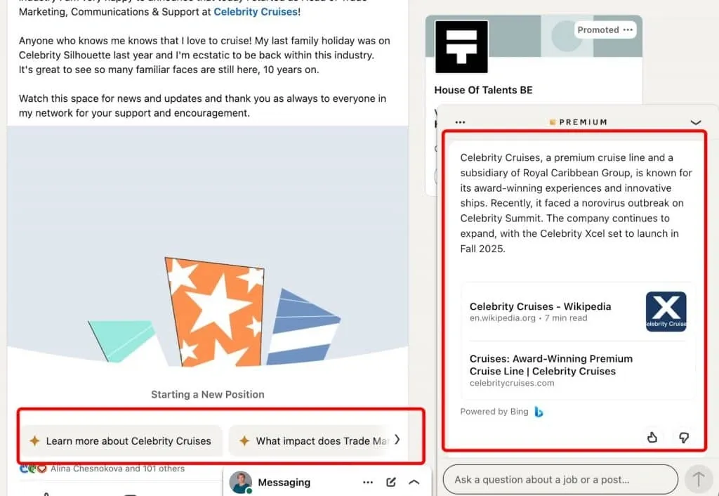 „Takeaways from posts“ in der LinkedIn-Benutzeroberfläche – Chatfenster