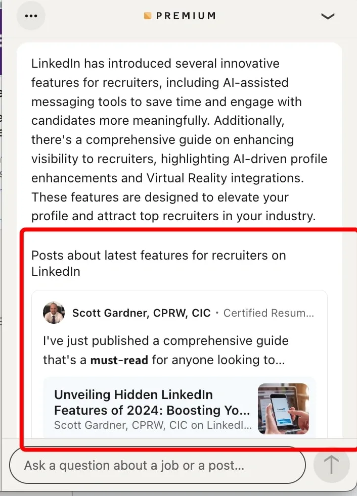 „Takeaways from posts“ in der LinkedIn-Benutzeroberfläche – Chatfenster mit Quellenlinks