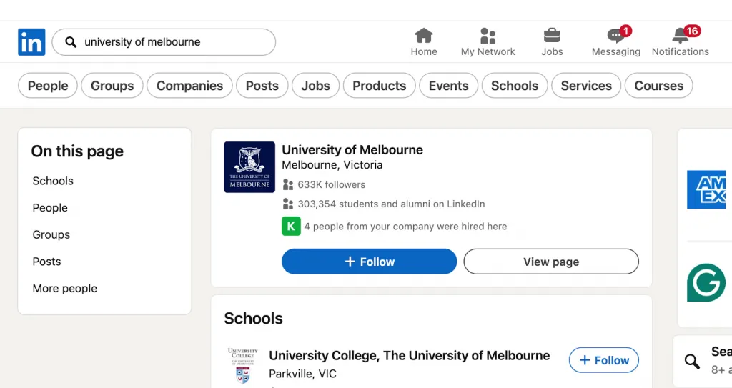 Ejemplo de búsqueda para acceder a la herramienta de antiguos alumnos de LinkedIn