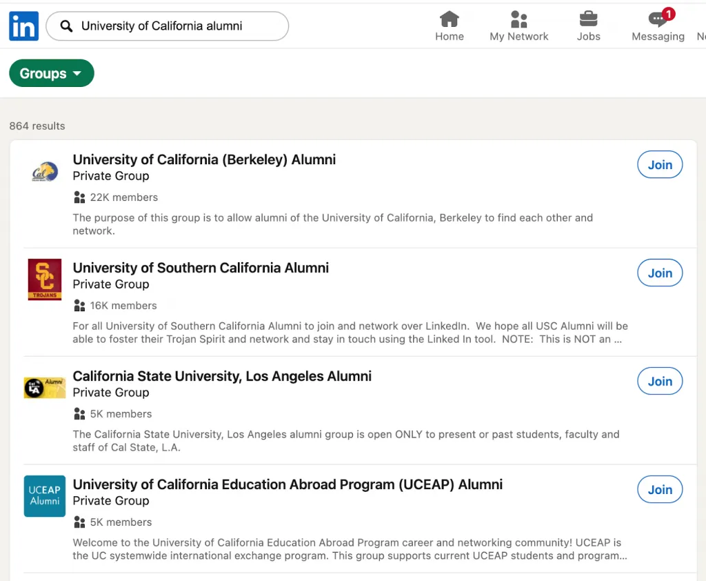Ejemplo de barra de búsqueda para acceder a la herramienta de antiguos alumnos de LinkedIn
