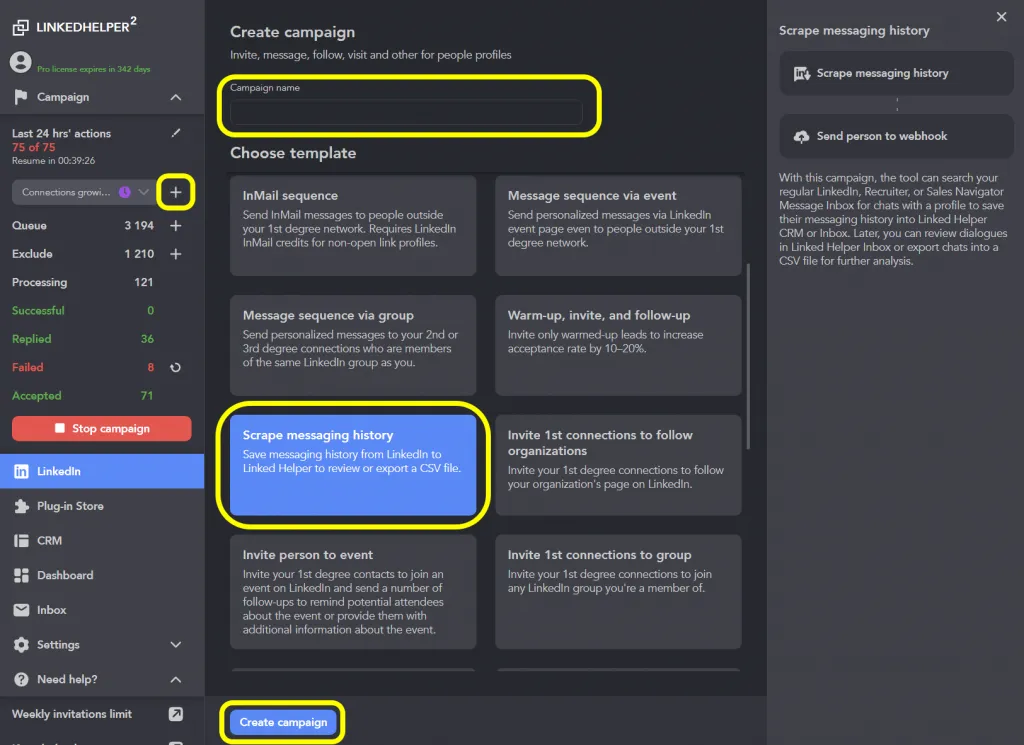 Modèle « Scrape messaging history »