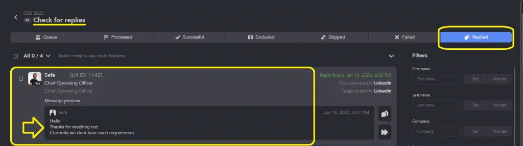 « Replied list » dans Linked Helper