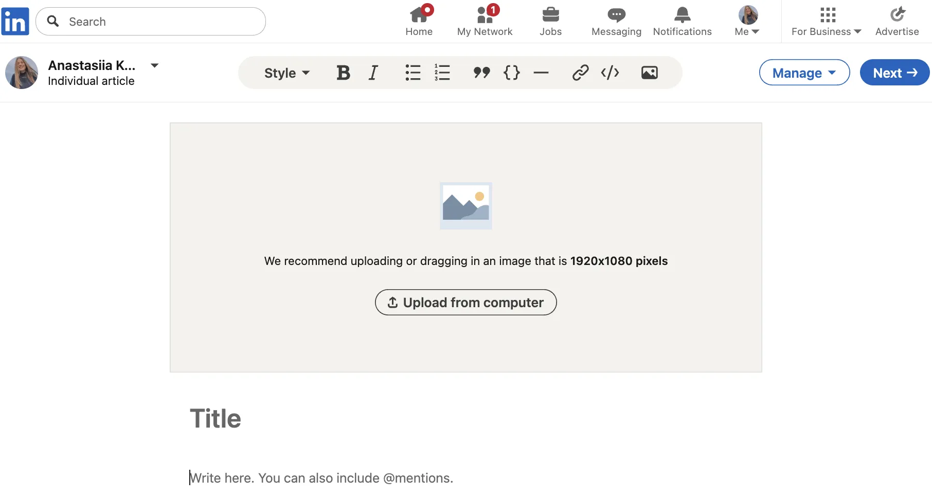 LinkedIn Article Publishing Interface