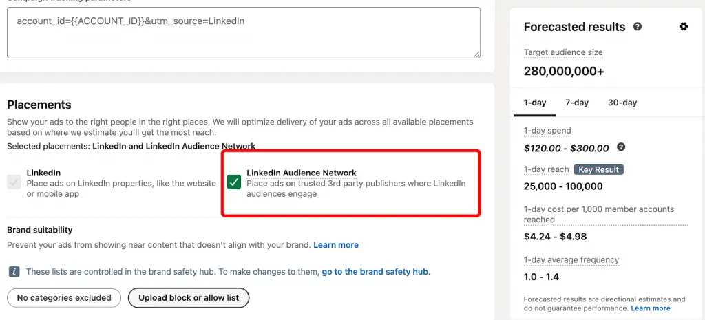 Ausgewähltes Beispiel einer Leistungsaufschlüsselung mit Kennzahlen für LinkedIn und das Audience Network