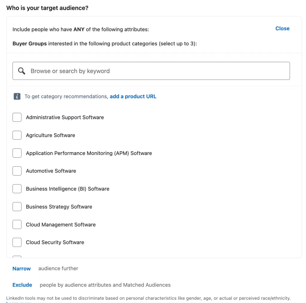 Targeting-Auswahl in einer beispielhaften Leistungsaufschlüsselung für LinkedIn und das Audience Network