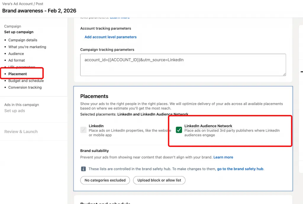 Schalter „LinkedIn Audience Network“ unter den Platzierungen im Campaign Manager