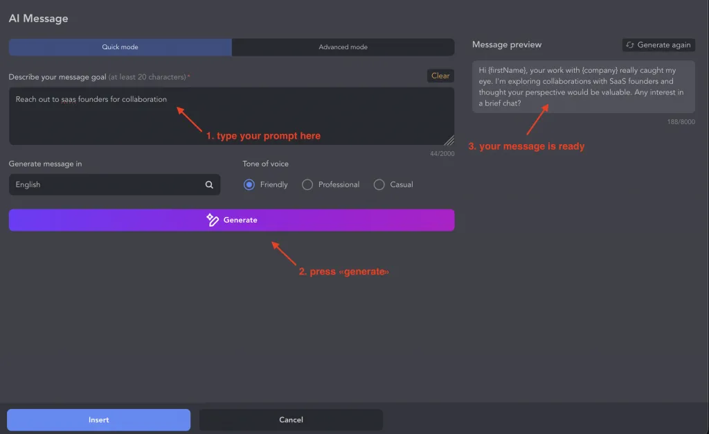 Gerador de mensagens com AI do Linked Helper a criar modelos personalizados de prospeção no LinkedIn a partir de uma instrução