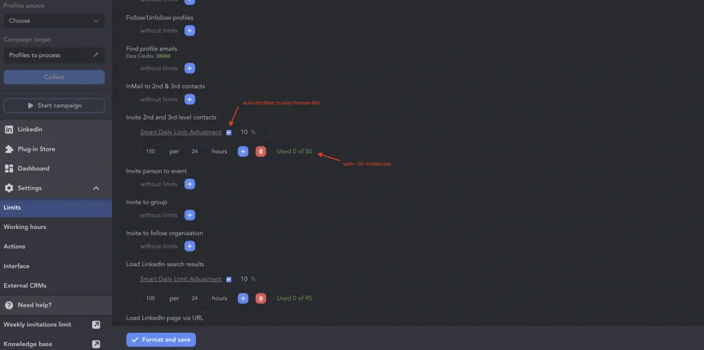 Definições de limites do Linked Helper com Smart Daily Limit Adjustment e um limite de cerca de 50 pedidos de ligação por dia para contactos de 2.º e 3.º grau