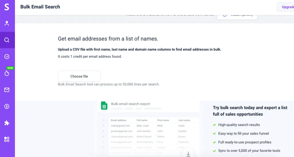 Localizador de emails Snov.io para obter endereços de email a partir de uma lista de nomes