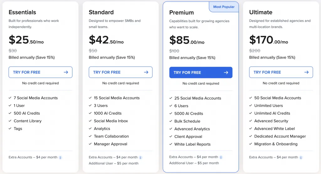 Como agendar publicações no LinkedIn: preços do SocialPilot