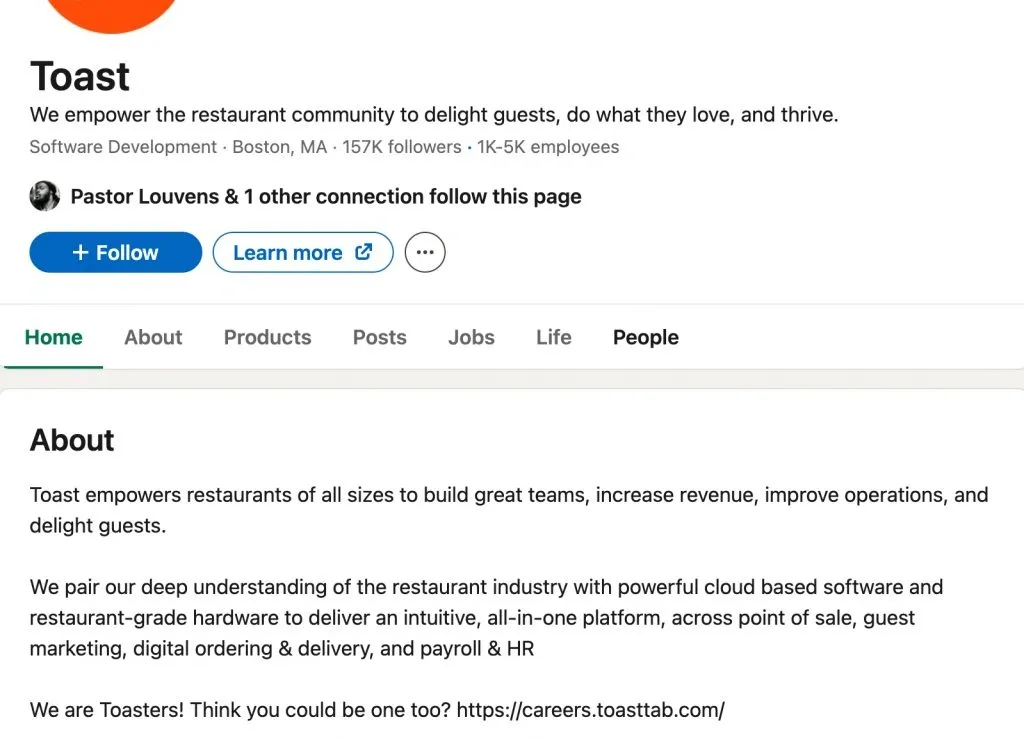B2B-Unternehmen, die LinkedIn-Marketing nutzen: Toast