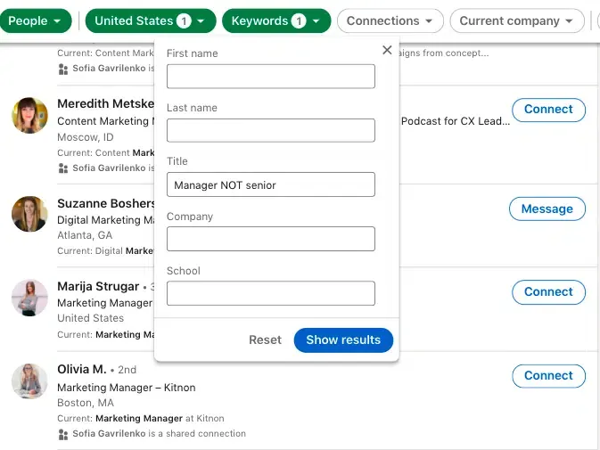 Beispiele für die LinkedIn-Boolean-Suche mit dem Operator NOT