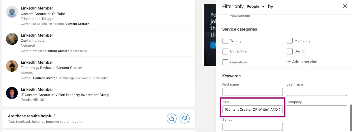 Boolean-Suche im LinkedIn-Titel mit den Operatoren OR und AND