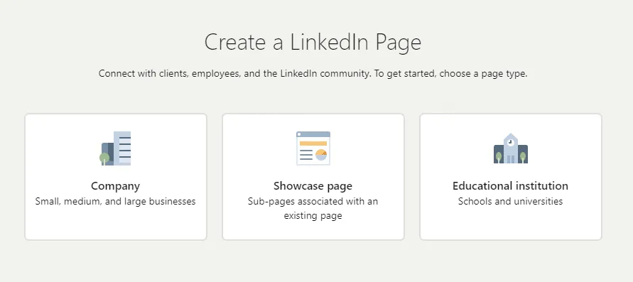 Options proposées lors de la création d’une Page LinkedIn d’entreprise
