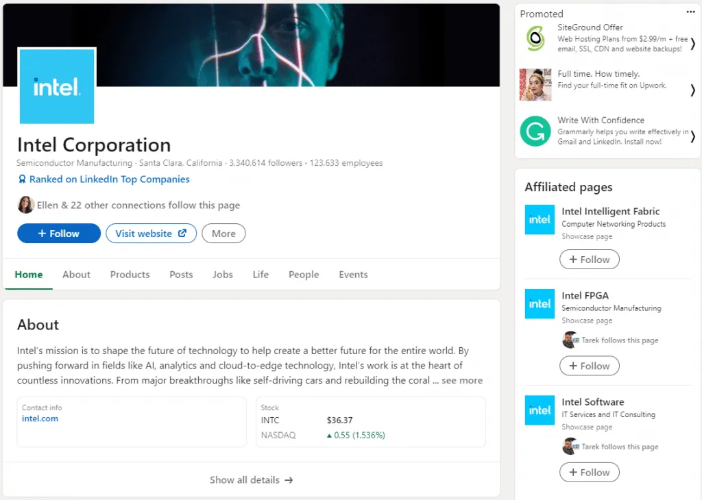 Capture d’écran de la Page LinkedIn d’entreprise d’Intel avec une liste de pages vitrines