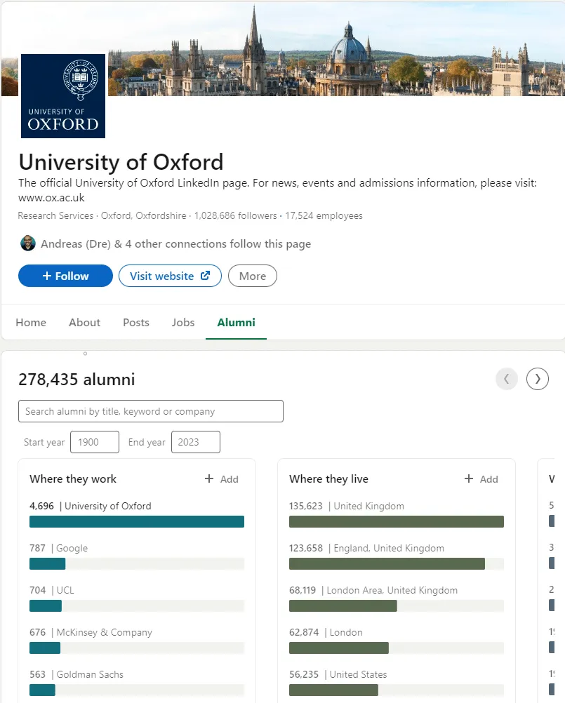 Capture d’écran de la page de l’université d’Oxford présentant la section consacrée aux anciens élèves