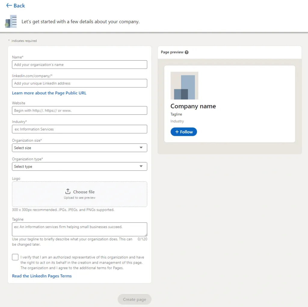 Capture d’écran du formulaire à remplir pour créer une Page LinkedIn d’entreprise