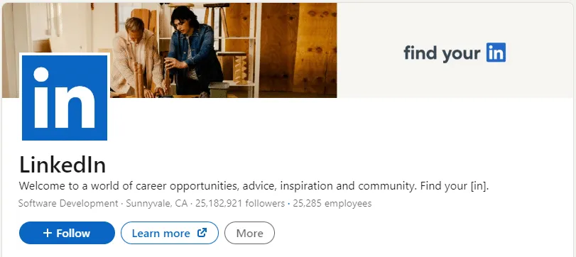 Capture d’écran d’une Page LinkedIn d’entreprise avec un logo et une couverture