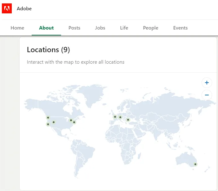 Capture d’écran de la Page LinkedIn d’entreprise d’Adobe présentant la section « Locations »