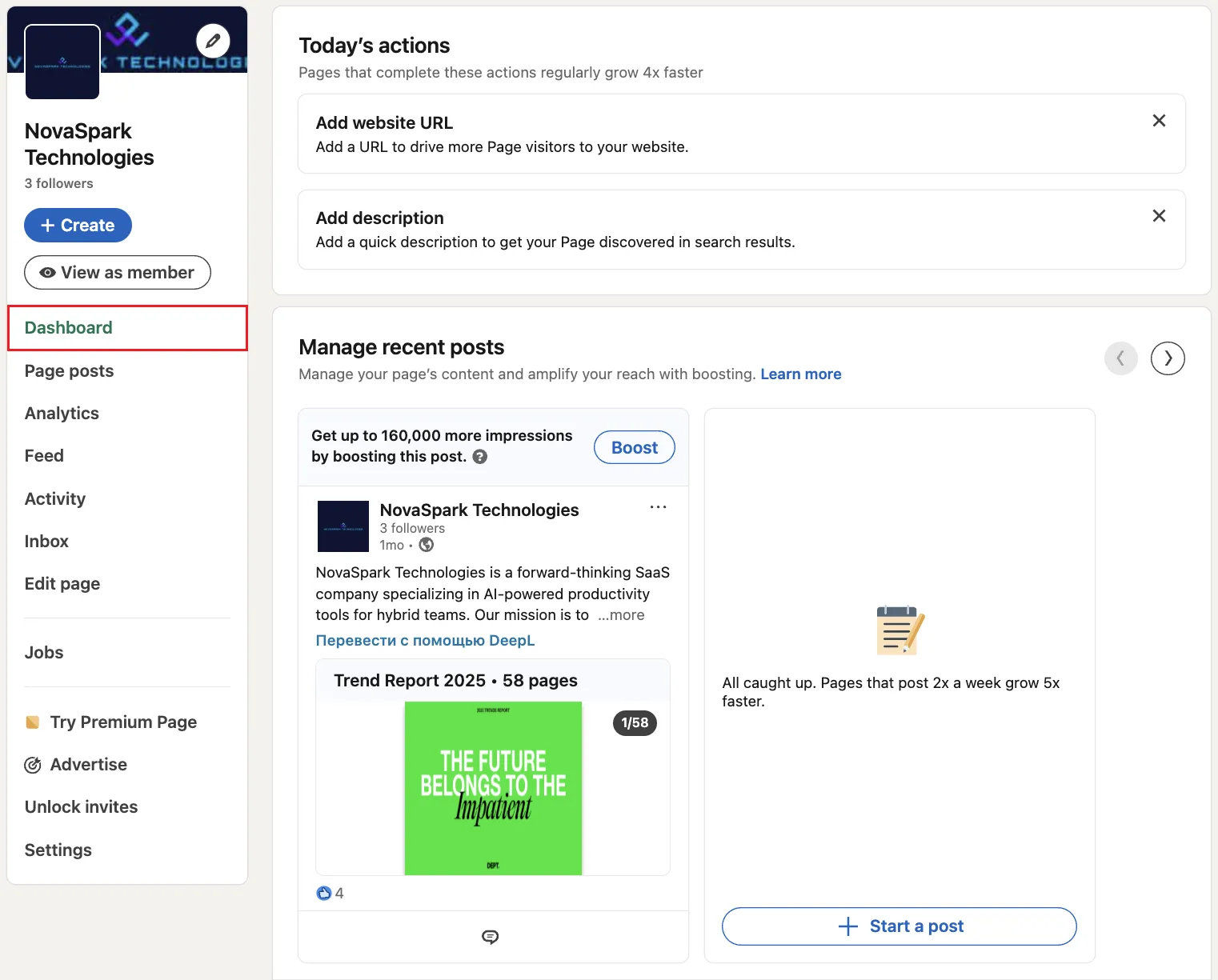 LinkedIn Business Page Dashboard Overview