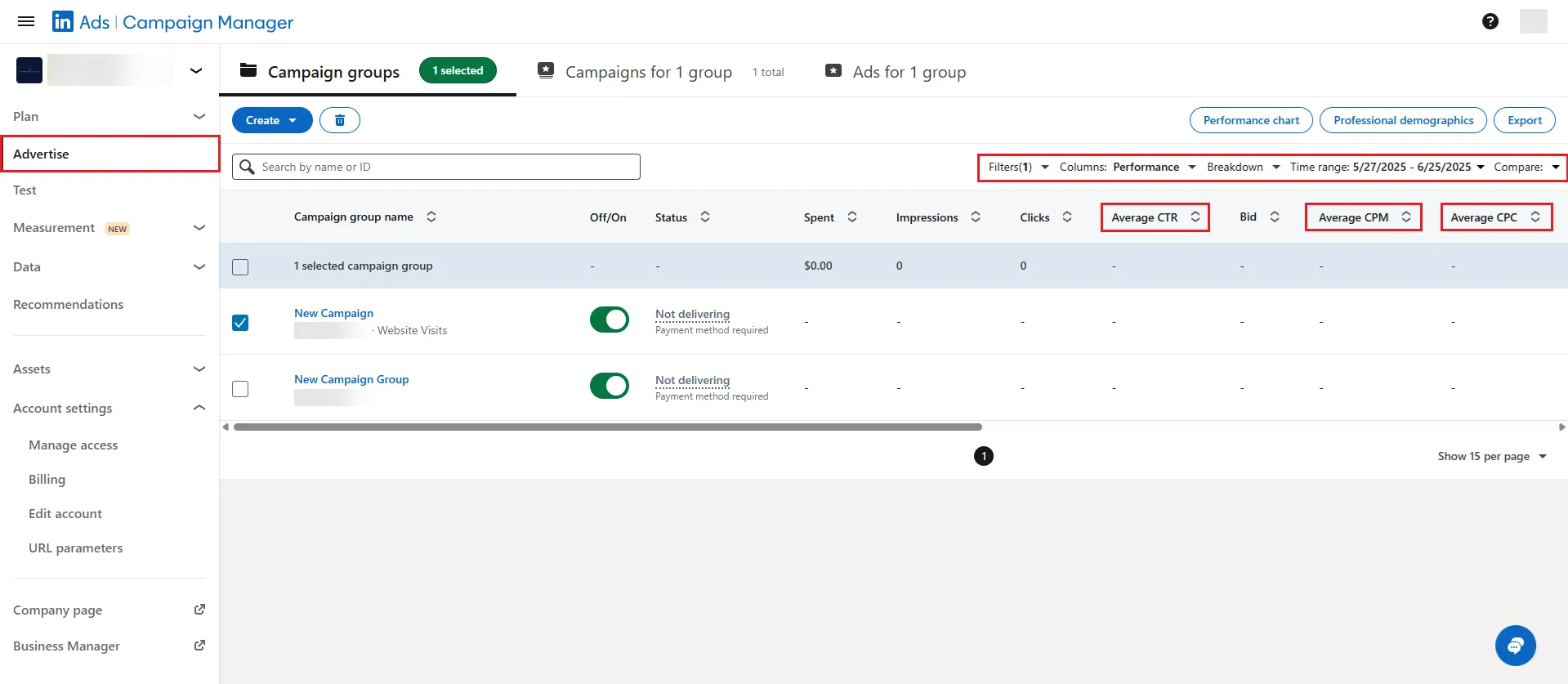 LinkedIn Campaign Manager Analytics Screen
