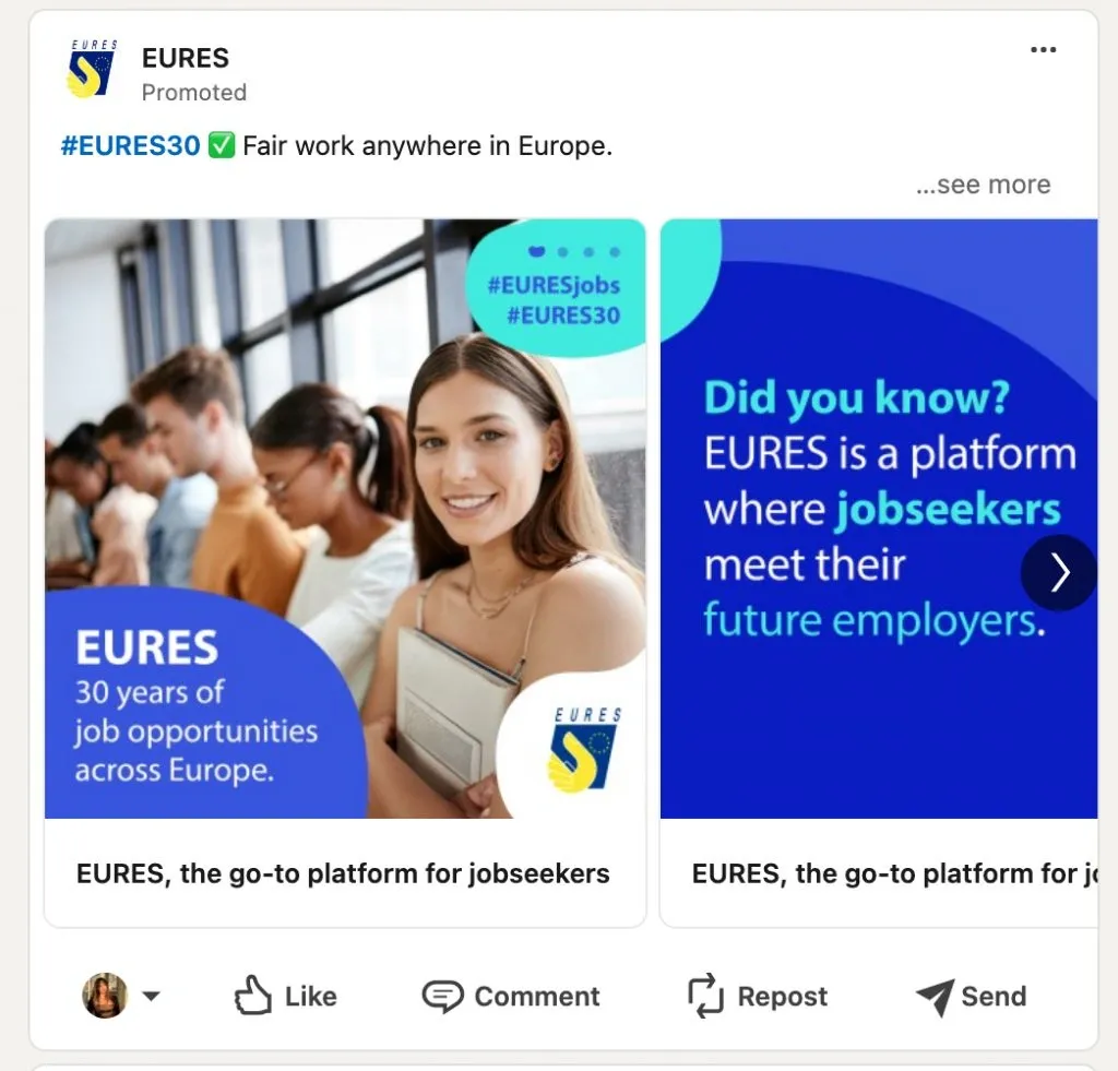 Exemples de publicités carrousel LinkedIn — service de recherche d’emploi en Europe