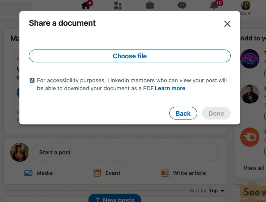 Comment créer une publication au format carrousel sur LinkedIn — choisir un fichier PDF