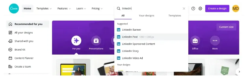 Dimensions d’une publication au format carrousel sur LinkedIn — capture d’écran de Canva avec les dimensions