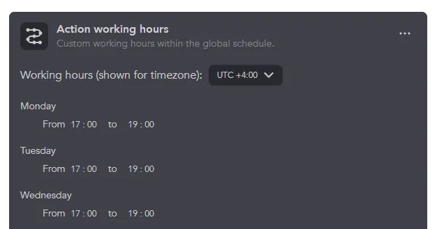 Screenshot von „Action working hours“ in Linked Helper