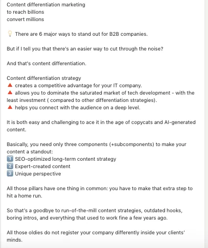Ejemplo de una publicación de LinkedIn sobre cómo crear un texto legible mediante emojis