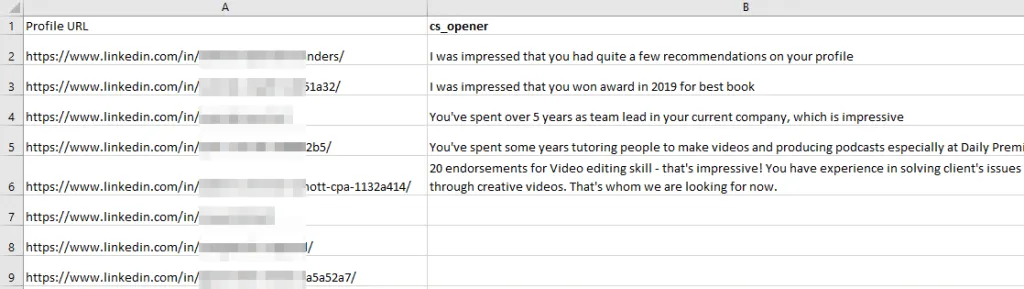 création d’une phrase d’accroche dans un CSV pour un modèle de message de prospection à froid sur LinkedIn