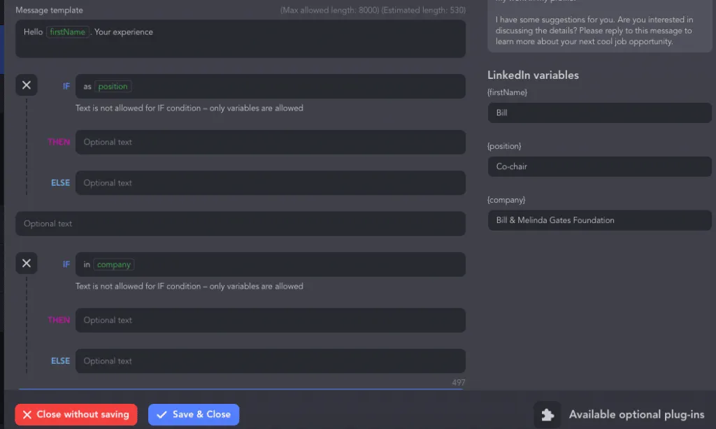 chaînes IF-THEN-ELSE pour un modèle de message de prospection à froid sur LinkedIn