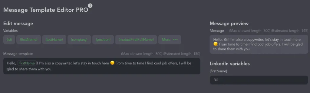 éditeur PRO de Linked Helper pour un modèle de message de prospection à froid sur LinkedIn