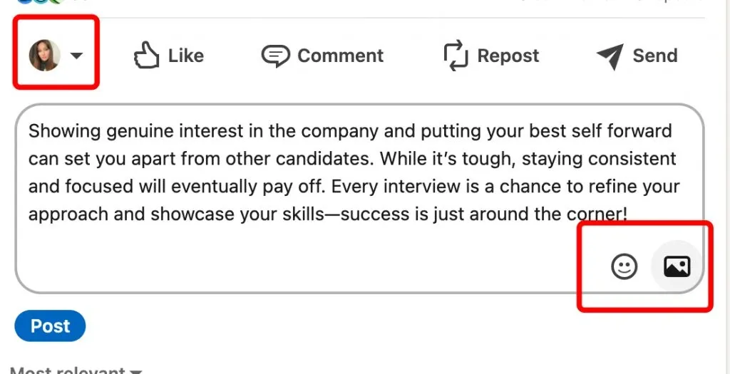Beispiel für einen LinkedIn-Beitrag mit einem Kommentar, der Emojis und ein Foto enthält